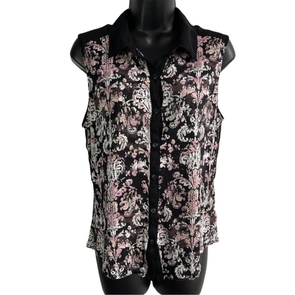 Cooperative Button Down Sheer Patterned Collared Sleeveless Blouse SzM